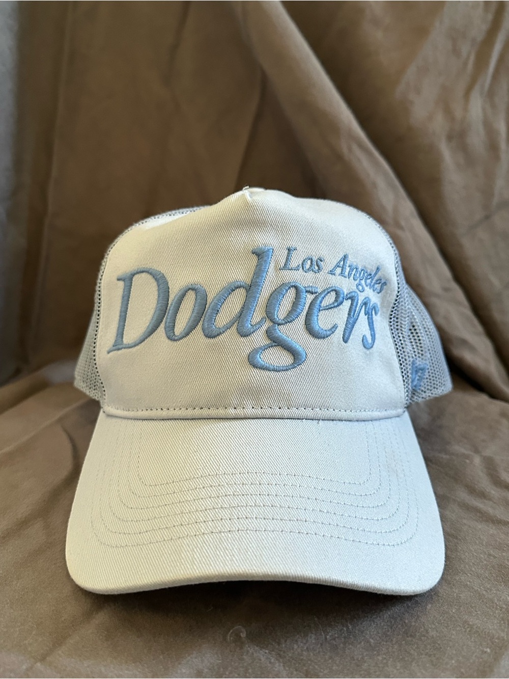 Los Angeles Dodgers Embroidered Trucker Cap - Cream with Light Blue Script